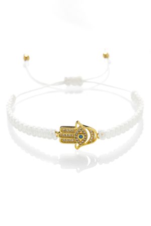 Macramé náramok Ruka Hamsa biela