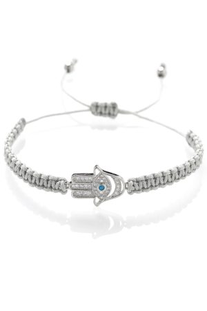 Macramé náramok Ruka Hamsa sivá