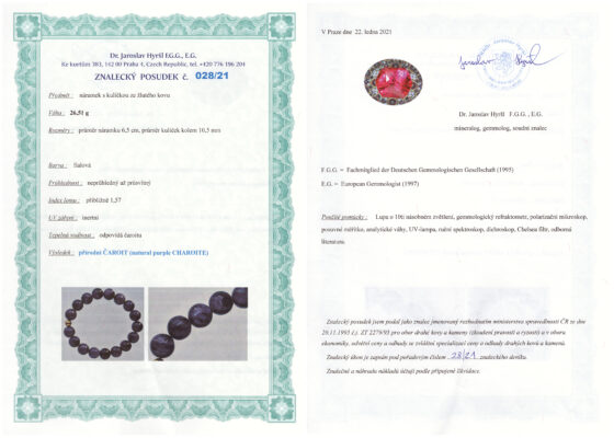 Charoit náramok: certifikát pravosti referenčnej vzorky - nie je súčasťou predaja