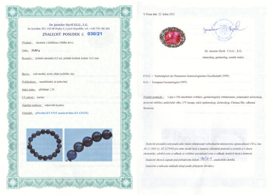 Kyanit náramok: certifikát pravosti referenčnej vzorky - nie je súčasťou predaja