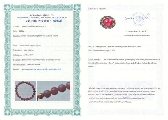 Rubín náramok: certifikát pravosti referenčnej vzorky - nie je súčasťou predaja
