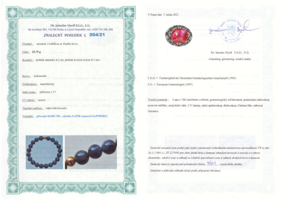 Zafír náramok: certifikát pravosti referenčnej vzorky - nie je súčasťou predaja