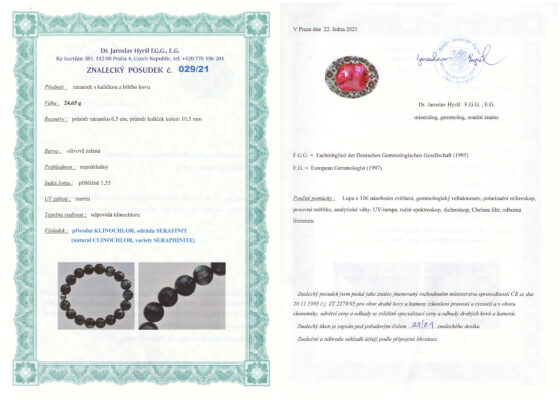 Serafinit náramok: certifikát pravosti referenčnej vzorky - nie je súčasťou predaja