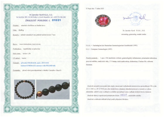 Smaragd náramok: certifikát pravosti referenčnej vzorky - nie je súčasťou predaja
