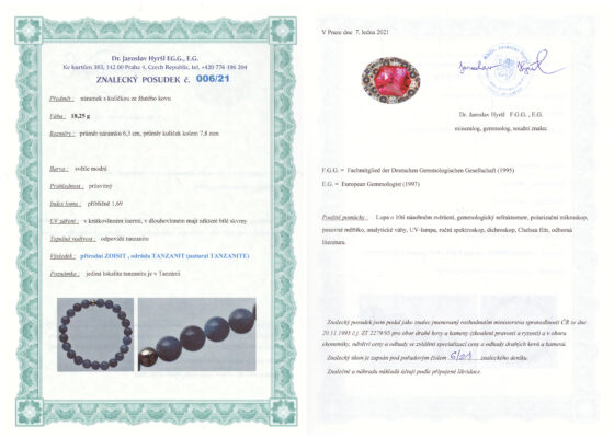 Tanzanit náramok: certifikát pravosti referenčnej vzorky - nie je súčasťou predaja
