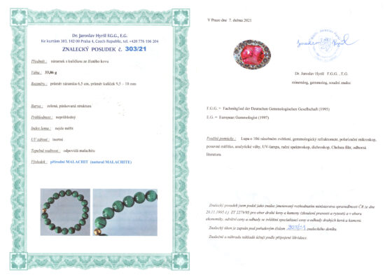 Malachit náramok: certifikát pravosti referenčnej vzorky - nie je súčasťou predaja